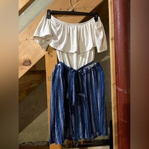 Elegant White and Blue Striped off the shoulder romper.